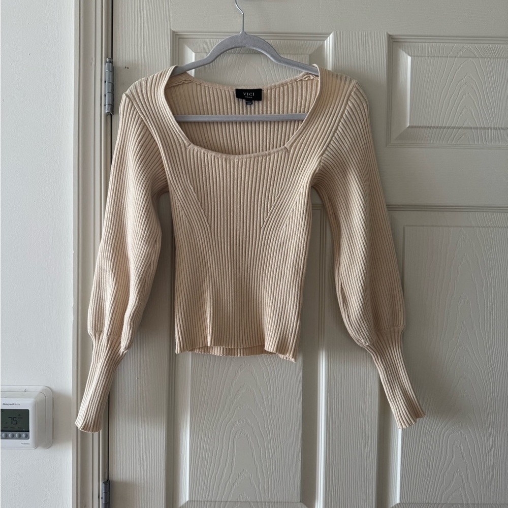 VICI Beige Ribbed Square Neck Long Sleeve Sweater